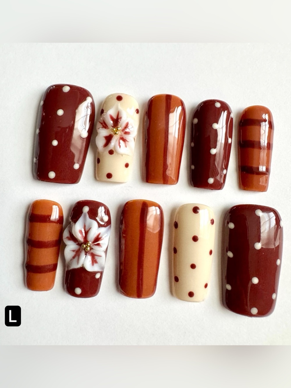Autumn Brown 3D Flower Polka Dot Press-On Nails